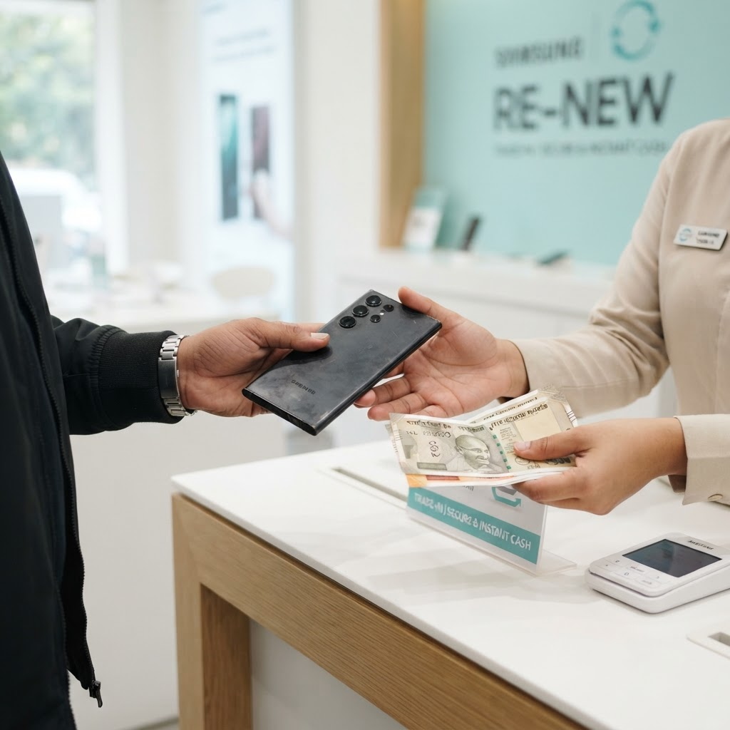 A person handing over a used Samsung phone and receiving cash